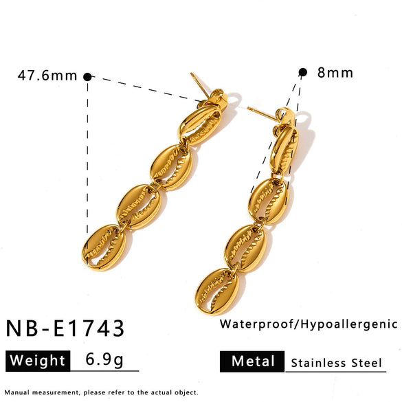 Women's Long Stainless Steel Earrings With Conch Shell Starfish Geometric Design And 18K Gold Vacuum Plated Finish