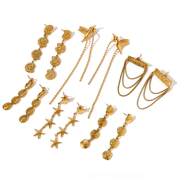 Women's Long Stainless Steel Earrings With Conch Shell Starfish Geometric Design And 18K Gold Vacuum Plated Finish