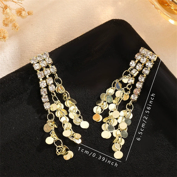 Women's Long Tassel Goldtone Sequin Zircon Drop Earrings Electroplated Exaggerated Light Luxury Statement Jewelry