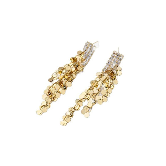 Women's Long Tassel Goldtone Sequin Zircon Drop Earrings Electroplated Exaggerated Light Luxury Statement Jewelry