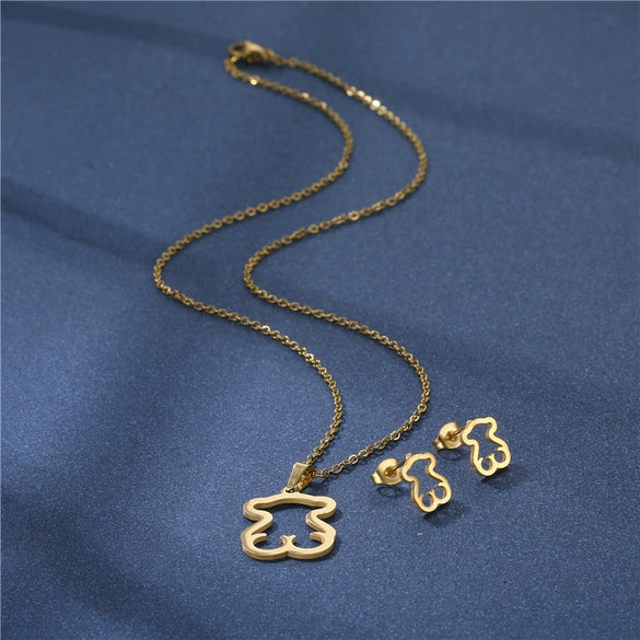 Women's Love Hollow Smooth Pendant Necklace Earrings Clavicle Chain Jewelry Small Set In Gold Stainless Steel With Heart Water Drop Bell Patterns And Polish Processing