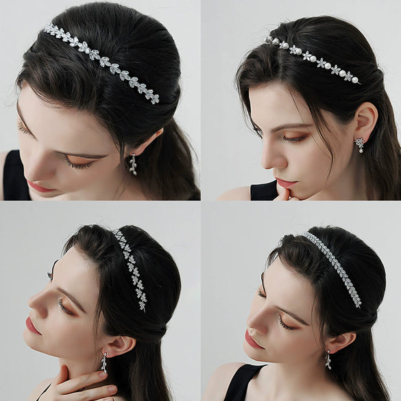 Women's Lovely Zircon Flower Headband With Fairy Inspired Geometric Plaid Inlay Details