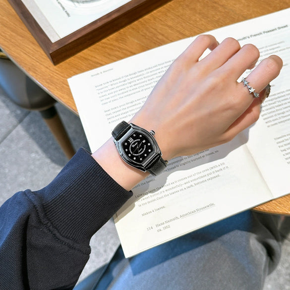 Women's Luxury Barrelshaped Quartz Watch Alloy Case Genuine Leather Strap Stainless Steel Buckle Mineral Reinforced Glass Mirror
