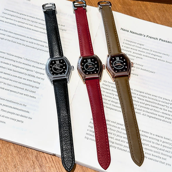 Women's Luxury Barrelshaped Quartz Watch Alloy Case Genuine Leather Strap Stainless Steel Buckle Mineral Reinforced Glass Mirror