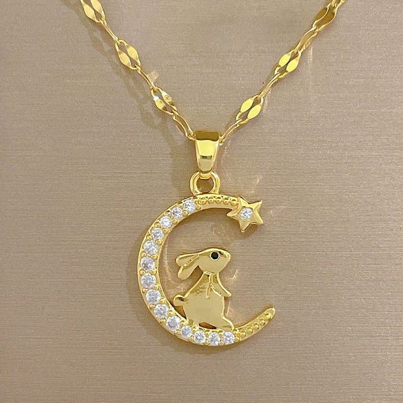 Women's Luxury Fashion Geometric Style Titanium Steel Necklace With Electroplating And Moon Rabbit Design