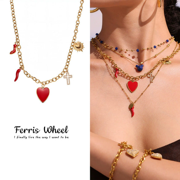 Women's Luxury Ferris Wheel Heart Cross Necklace With Geometric Pattern Made Of Stainless Steel Zircon Enamel Glaze And Titanium Steel Electroplated