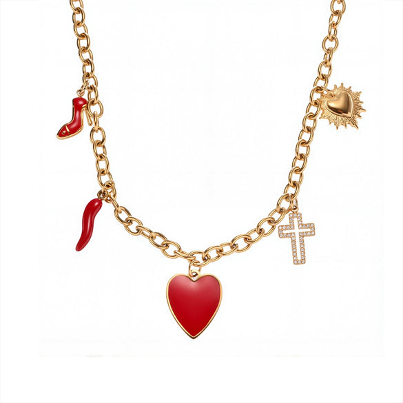 Women's Luxury Ferris Wheel Heart Cross Necklace With Geometric Pattern Made Of Stainless Steel Zircon Enamel Glaze And Titanium Steel Electroplated