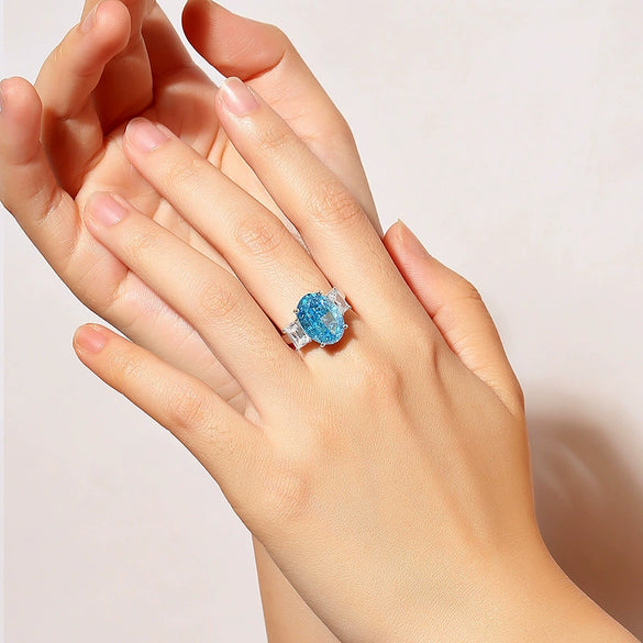 Women's Luxury Jewelry S925 Sterling Silver Oval Ring With High Carbon Diamond And Aquamarine Raydean Cut Geometric Style