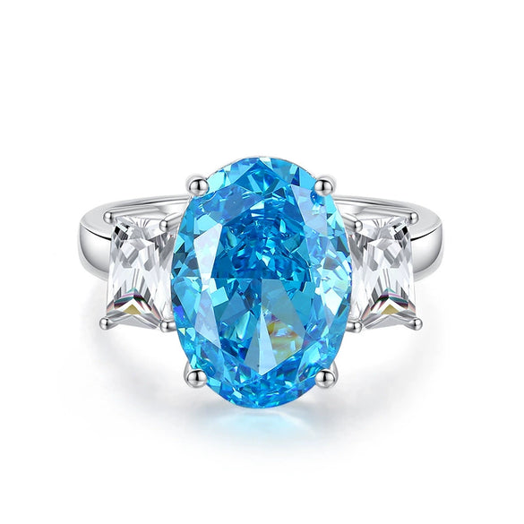 Women's Luxury Jewelry S925 Sterling Silver Oval Ring With High Carbon Diamond And Aquamarine Raydean Cut Geometric Style