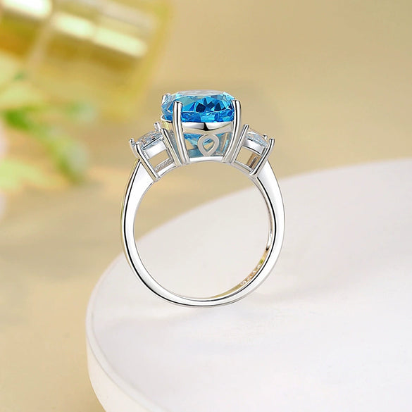 Women's Luxury Jewelry S925 Sterling Silver Oval Ring With High Carbon Diamond And Aquamarine Raydean Cut Geometric Style