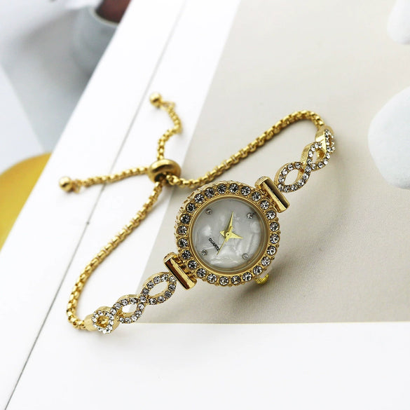 Women's Luxury Leisure Alloy And Stainless Steel Round Diamondembedded Watch With Spiral Crown And Jewelry Buckle