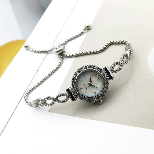 Women's Luxury Leisure Alloy And Stainless Steel Round Diamondembedded Watch With Spiral Crown And Jewelry Buckle