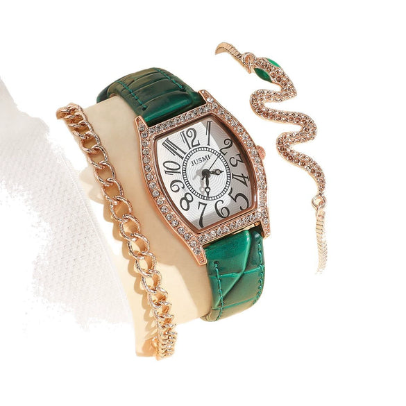 Women's Luxury Snakeshaped Alloy Bracelet Set Fashion Square Dial Jewelry Buckle Rose Gold Buckle