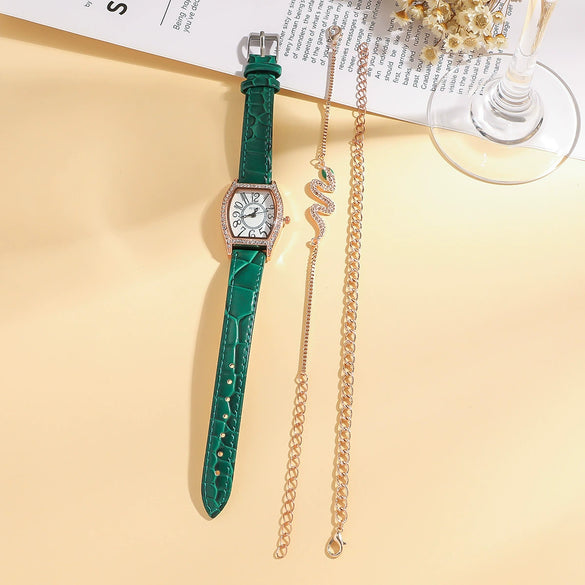 Women's Luxury Snakeshaped Alloy Bracelet Set Fashion Square Dial Jewelry Buckle Rose Gold Buckle