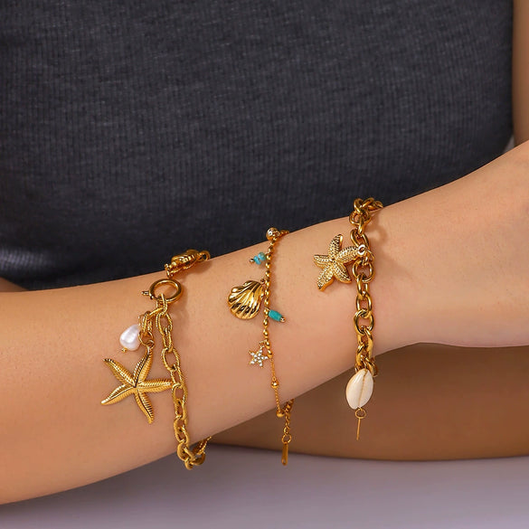 Women's Luxury Stainless Steel 18K Gold Plated Scallop Starfish Pearl Geometric Bracelet With Vacuum Plating In Furnace Process