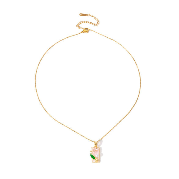 Women's Medieval Oil Painting Style Square Lily Titanium Steel Necklace With French Retro Drip Glaze Design Copper Pendant O Word Chain And Electroplating