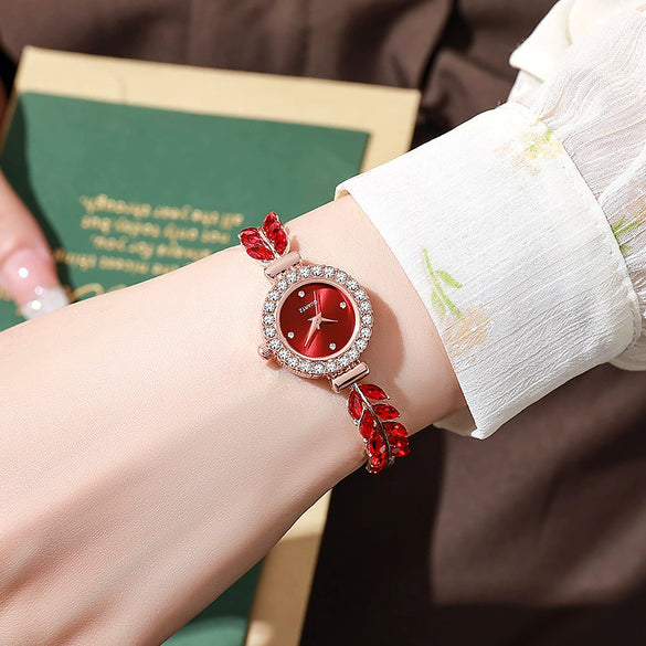 Women's Metal And Genuine Leather Fashion Leafset Diamond Round Gemstone Rectangle Dial Pullout Selfadjusting Bracelet Watch
