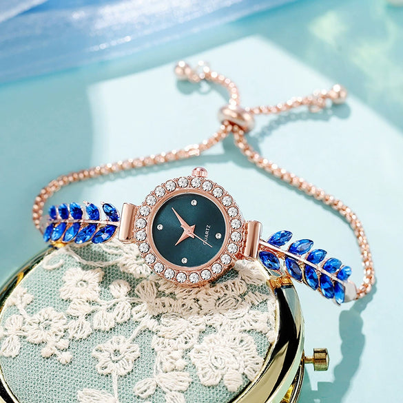 Women's Metal And Genuine Leather Fashion Leafset Diamond Round Gemstone Rectangle Dial Pullout Selfadjusting Bracelet Watch