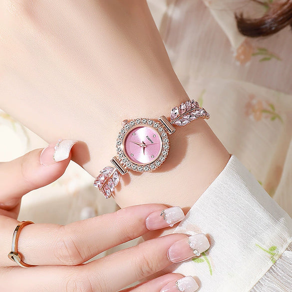 Women's Metal And Genuine Leather Fashion Leafset Diamond Round Gemstone Rectangle Dial Pullout Selfadjusting Bracelet Watch