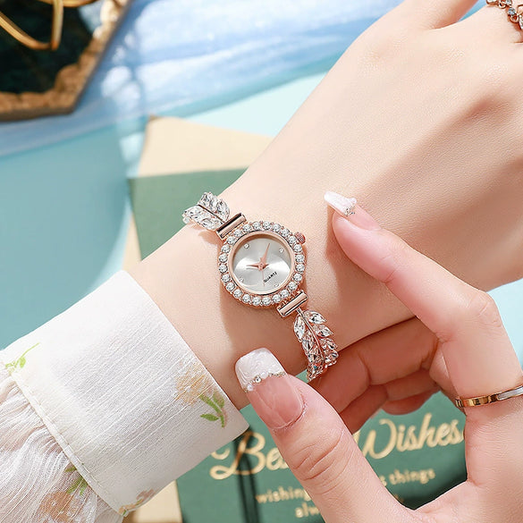 Women's Metal And Genuine Leather Fashion Leafset Diamond Round Gemstone Rectangle Dial Pullout Selfadjusting Bracelet Watch