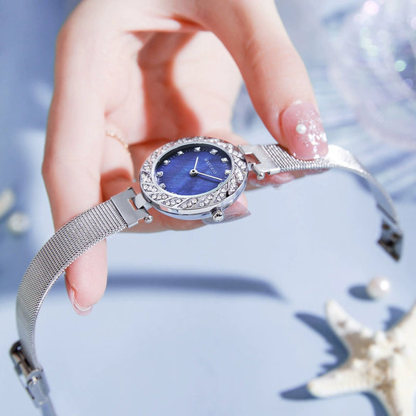 Women's Metal And Stainless Steel Milan Belt Mesh Belt Diamondencrusted Round Dial Watch With Horseshoe Buckle