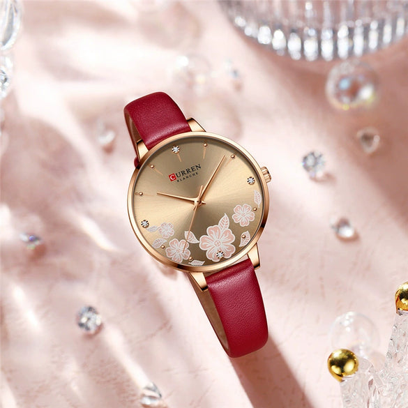 Women's Metal Case Imitation Leather Strap Round Dial Printed Rhinestone Casual Watch