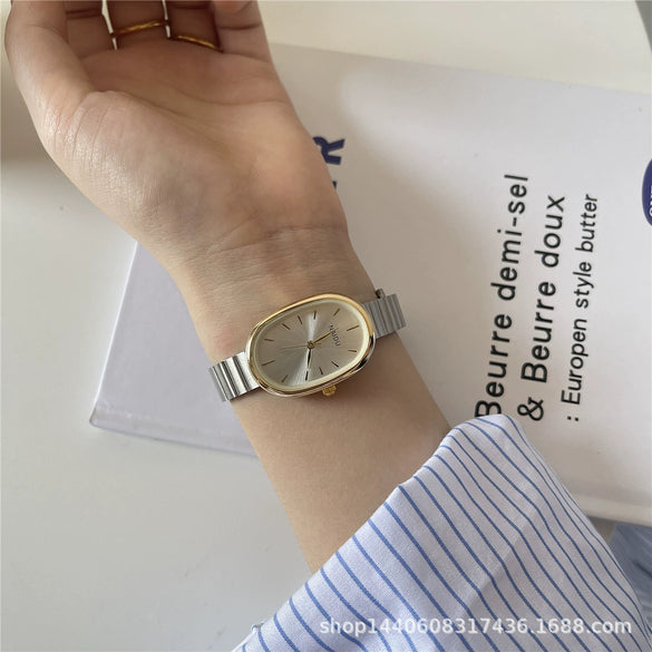 Women's Metal Chain And Stainless Steel Strap Watch With Oval Dial And Pointer Type Compact And Fashion Style