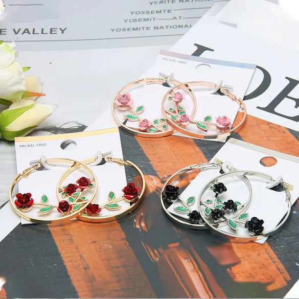 Women's Metal Fashion Large Round Exaggerated Earrings With Flower Pattern And Electroplating Design