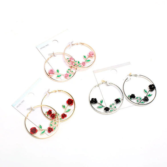 Women's Metal Fashion Large Round Exaggerated Earrings With Flower Pattern And Electroplating Design