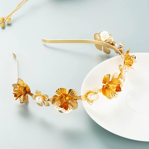 Women's Metal Flower Headband With Pearl Accents Electroplated Hair Hoop For Elegant Hair Styling