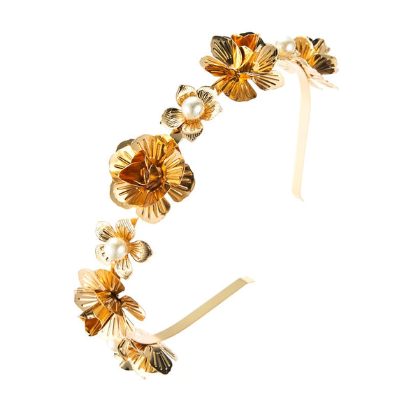Women's Metal Flower Headband With Pearl Accents Electroplated Hair Hoop For Elegant Hair Styling