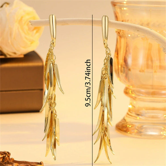 Women's Metal Flower Wheat Tassel Drop Earrings With Electroplated Finish Exaggerated Statement Design And Versatile Fashion Style