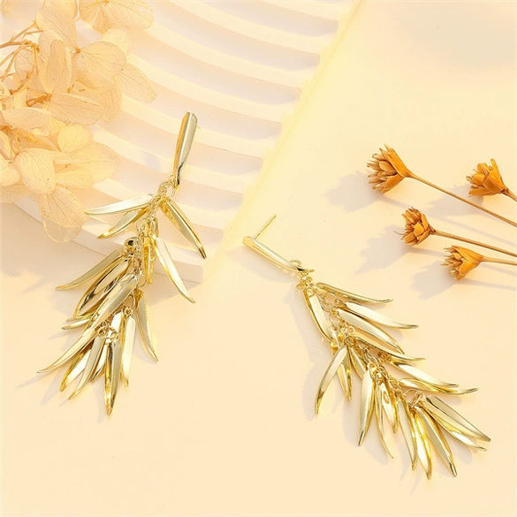 Women's Metal Flower Wheat Tassel Drop Earrings With Electroplated Finish Exaggerated Statement Design And Versatile Fashion Style
