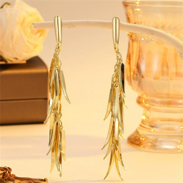 Women's Metal Flower Wheat Tassel Drop Earrings With Electroplated Finish Exaggerated Statement Design And Versatile Fashion Style