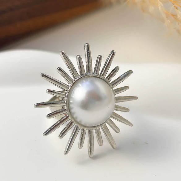 Women's Metal Geometric Open Ring With Beating Pattern And Imitation Pearl Electroplated