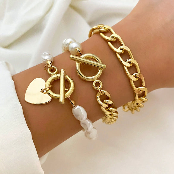 Women's Metal Heart Pattern Stacked Exaggerated Thread Chain Alloy Bracelet Fourpiece Set With Electroplating