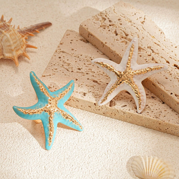 Women's Metal Jewelry Seaside Holiday Style Oil Drop Pleated Starfish Ring With Animal Pattern Electroplated