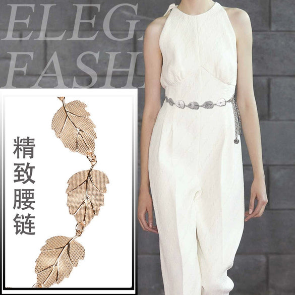 Women's Metal Leaf Waist Chain Belt With Alloy Hook Buckle Body Chain Dress Accessory