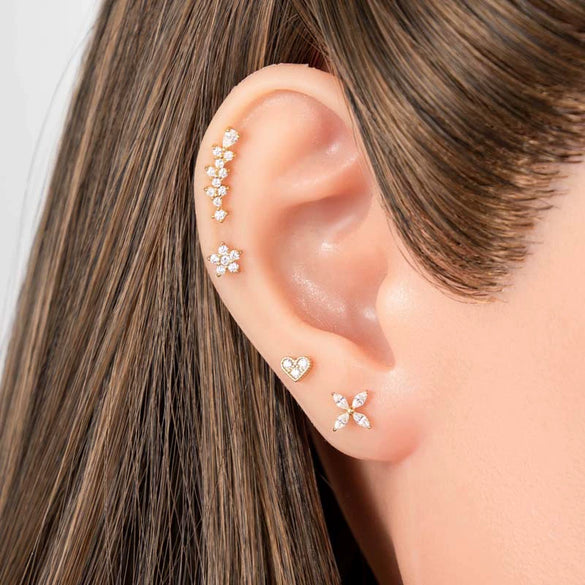 Women's Metal Love Flower Ear Bone Nail Puncture Jewelry Stainless Steel Copper Zircon Electroplating