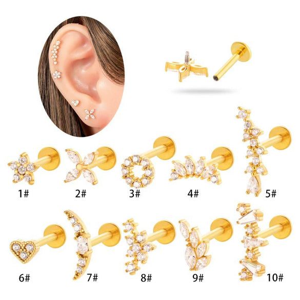Women's Metal Love Flower Ear Bone Nail Puncture Jewelry Stainless Steel Copper Zircon Electroplating