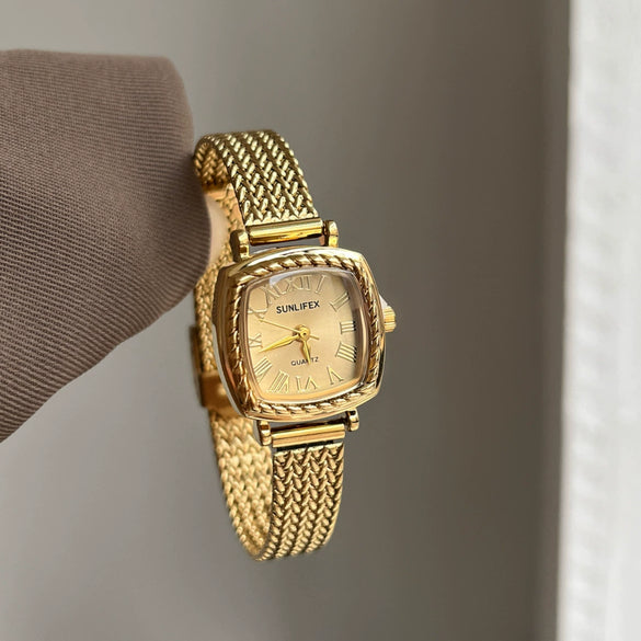 Women's Metal Mesh Band Square Dial Vintage Medieval Style Quartz Watch