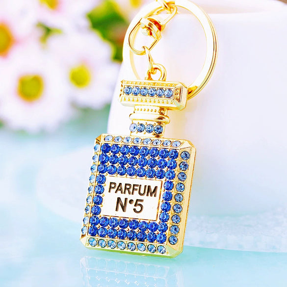 Women's Metal Perfume Bottle Car Key Chain With Diamond Encrusted Bag Pendant Key Chain Ring For Wholesale