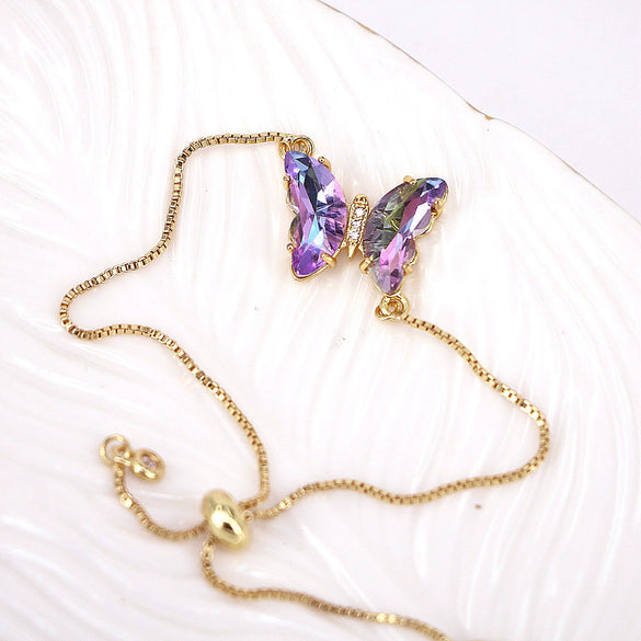 Women's Metal Rhinestone Butterfly Pendant Chain Bracelet With Geometric Design And Diamond Treatment