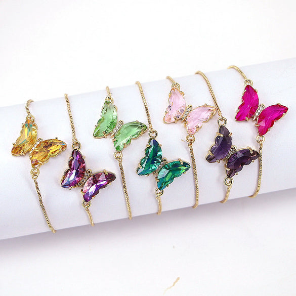 Women's Metal Rhinestone Butterfly Pendant Chain Bracelet With Geometric Design And Diamond Treatment