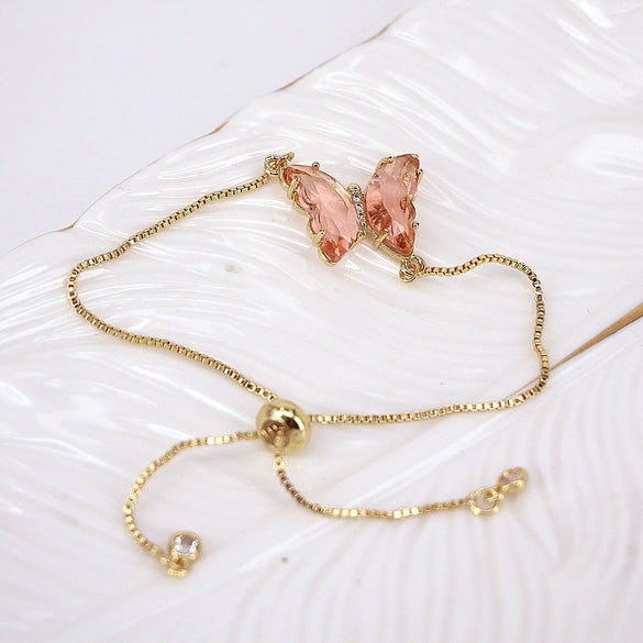 Women's Metal Rhinestone Butterfly Pendant Chain Bracelet With Geometric Design And Diamond Treatment