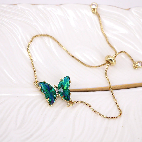 Women's Metal Rhinestone Butterfly Pendant Chain Bracelet With Geometric Design And Diamond Treatment