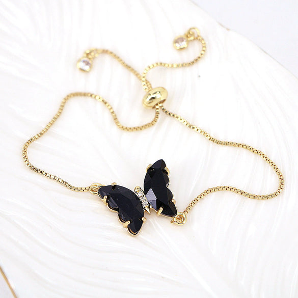 Women's Metal Rhinestone Butterfly Pendant Chain Bracelet With Geometric Design And Diamond Treatment