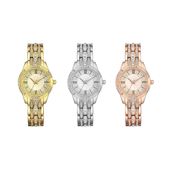 Women's Metal Shellfaced Diamondencrusted Quartz Watch With Printed Logo Leisure Style Round Dial