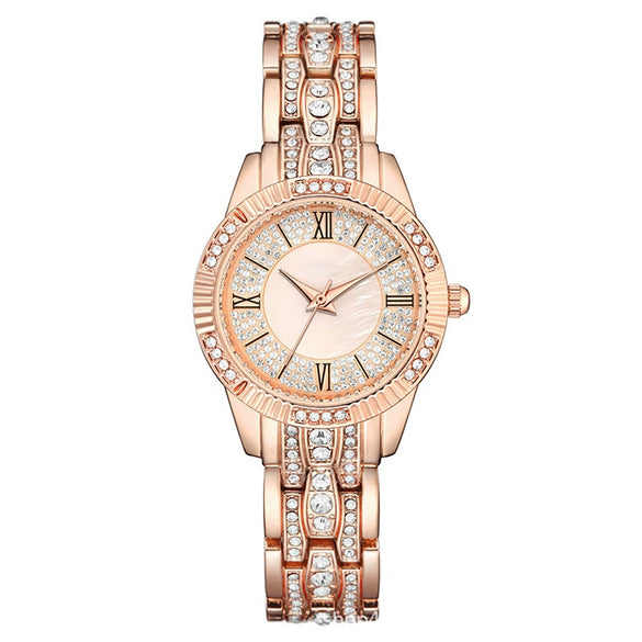 Women's Metal Shellfaced Diamondencrusted Quartz Watch With Printed Logo Leisure Style Round Dial