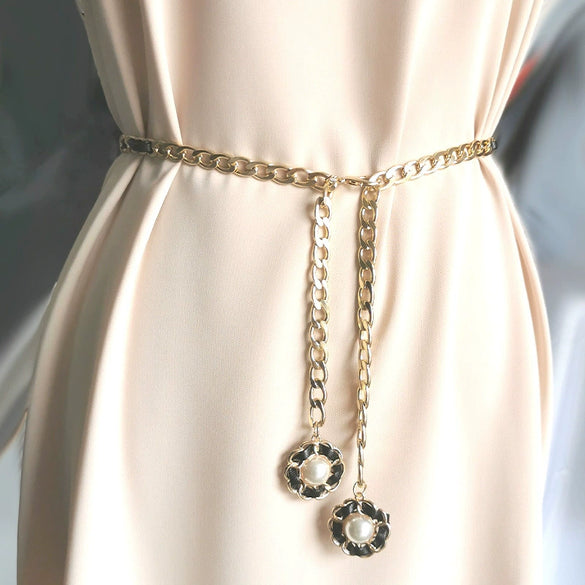 Women's Metal Waist Chain With Camellia Design Woven Style